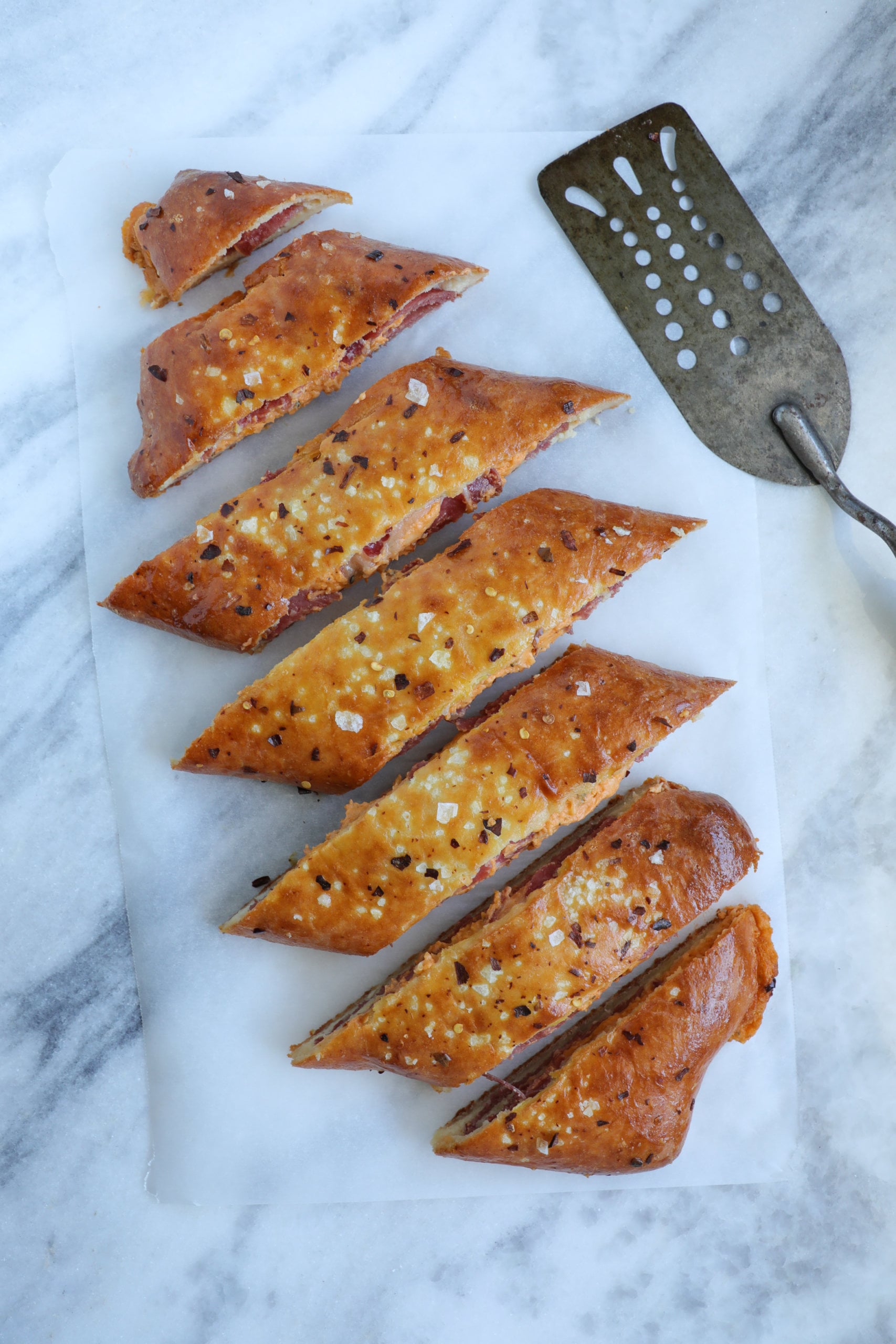 Low Carb Stuffed Bread sliced on the diagonal