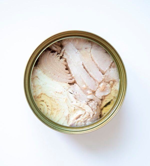 open can of tuna fish on a white background for Keto Pantry guide