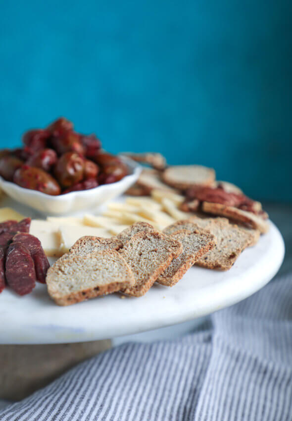Keto HOP crackers on a white marble serving tray