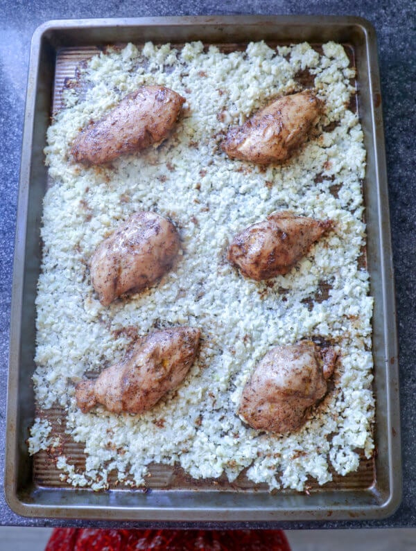 Keto Jerk Chicken Sheet Pan Meal after baking for 20 minutes