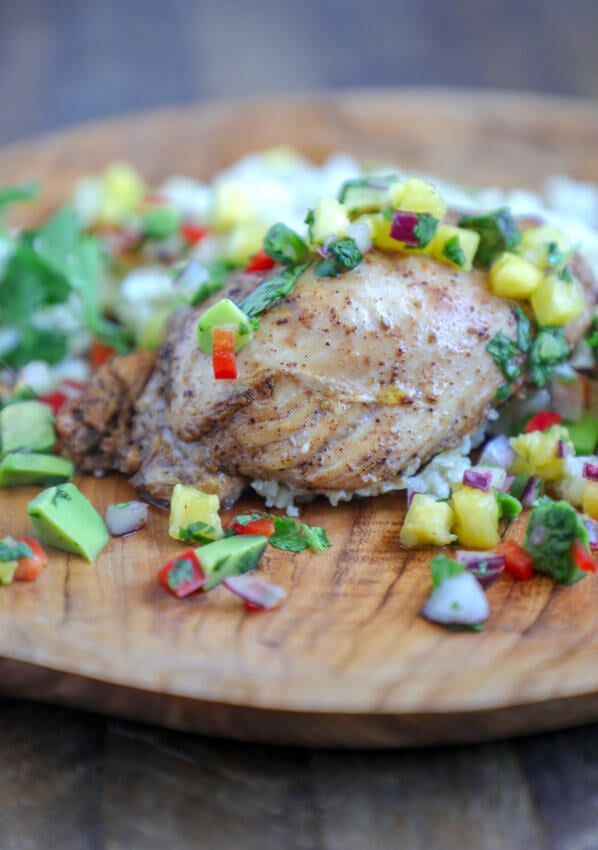 Keto Jerk Chicken Sheet Pan Meal on a wooden plate