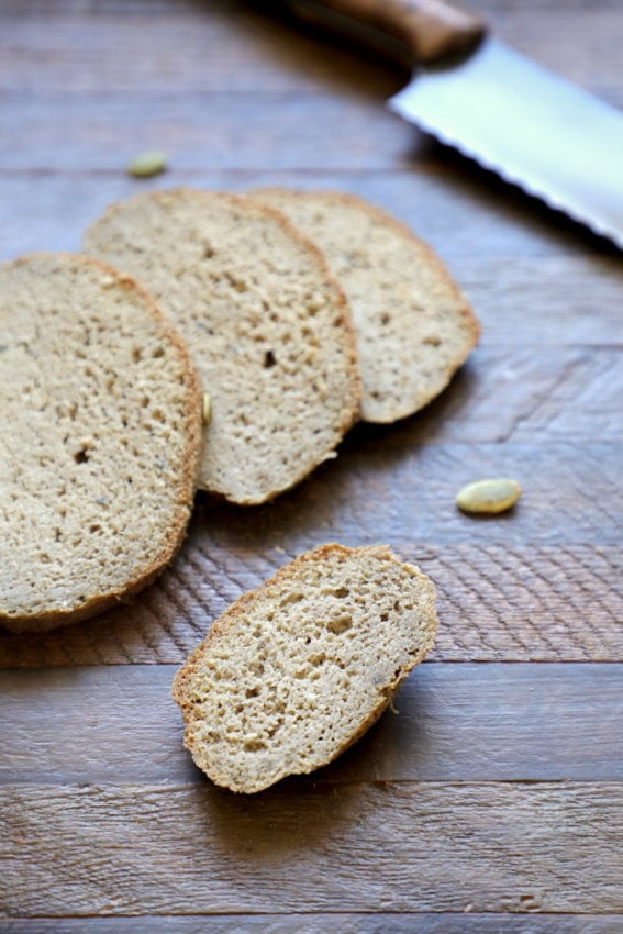 Slices of Squeaky Clean Keto Bread to show the texture of the inside.