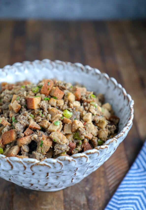 Keto HOP Stuffing in a scalloped pottery bowl