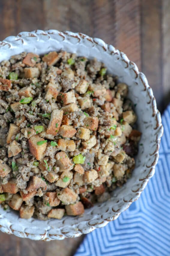 Keto HOP Stuffing top view with a wooden board and blue napkin