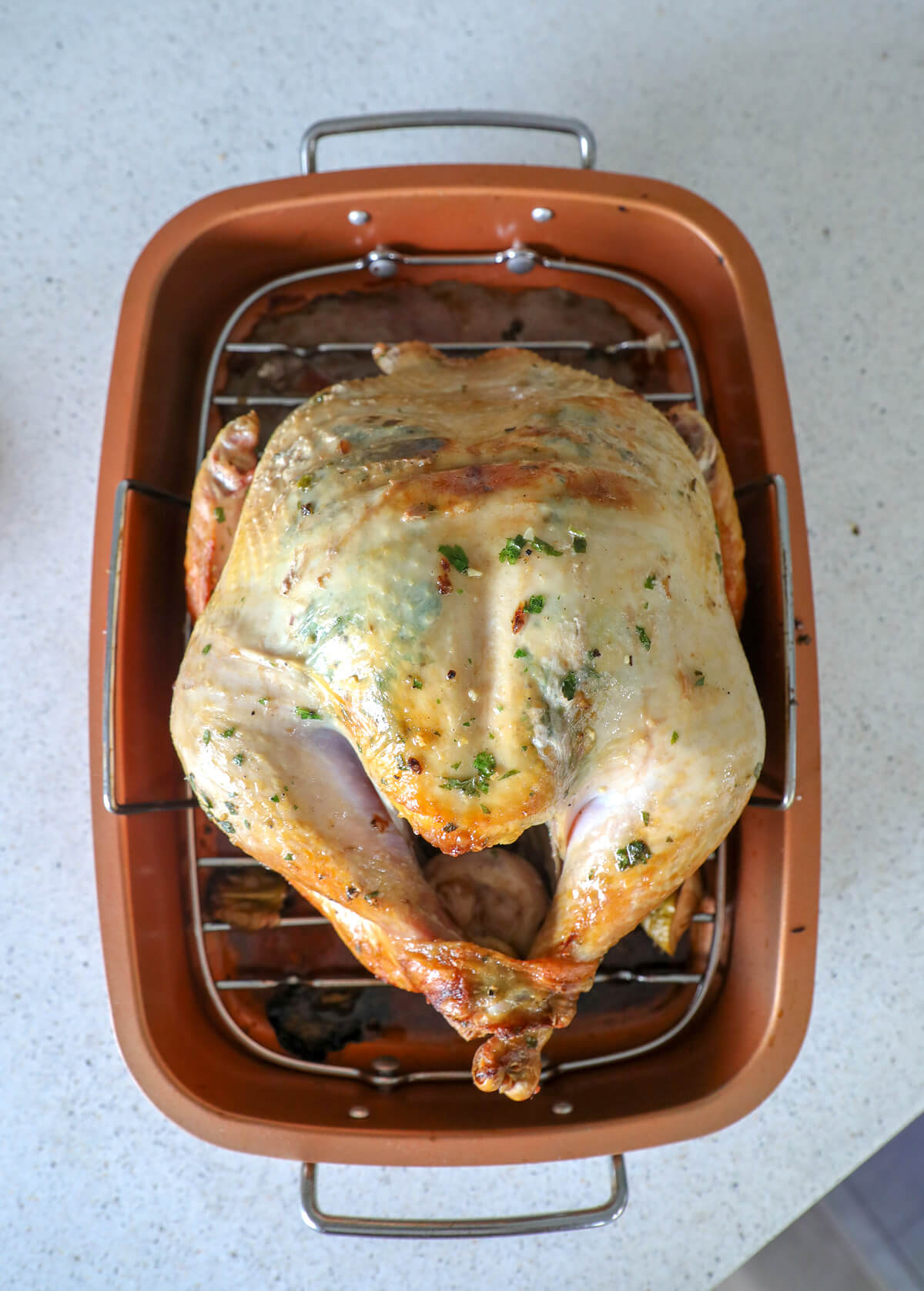 Easy Keto Roasted Turkey after first hour of roasting flipped right side up