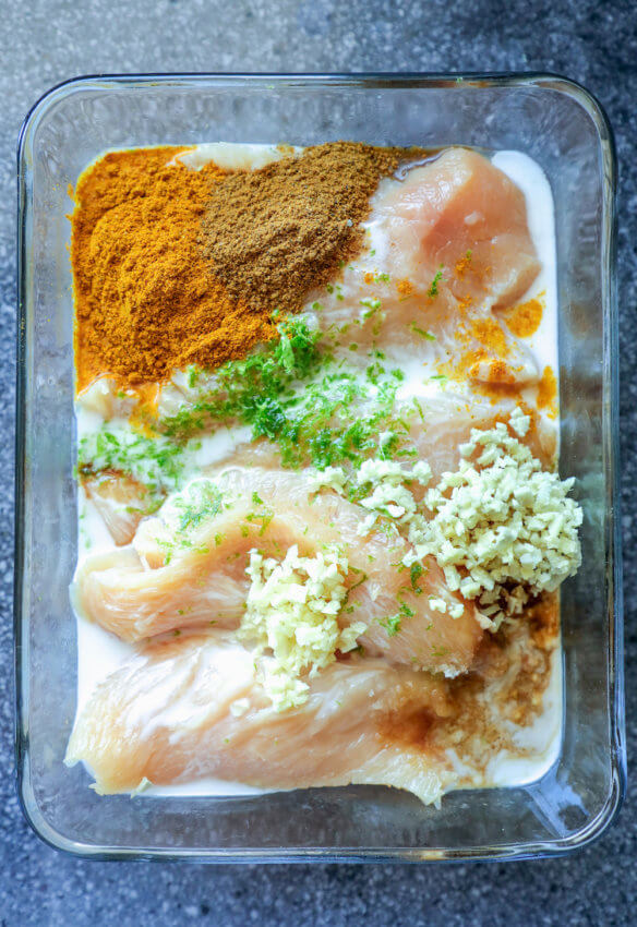 Keto Chicken Satay Sheet Pan Dinner in the marinade