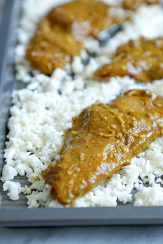 Low Carb Chicken Satay Sheet Pan Meal before baking