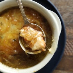 Top view of Keto French Onion Soup in a crock