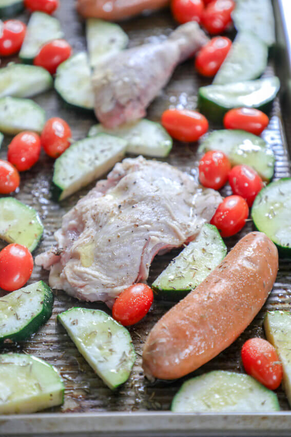 Keto Chicken & Chorizo Sheet Pan Dinner before baking