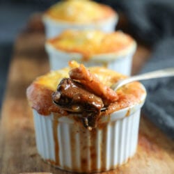 Keto Beef Stew Pies in White Ramekins