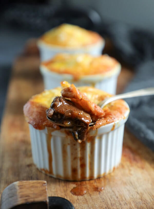 Keto Beef Stew Pies in White Ramekins