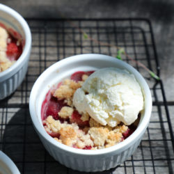Keto Strawberry Crumble in a white ramekin