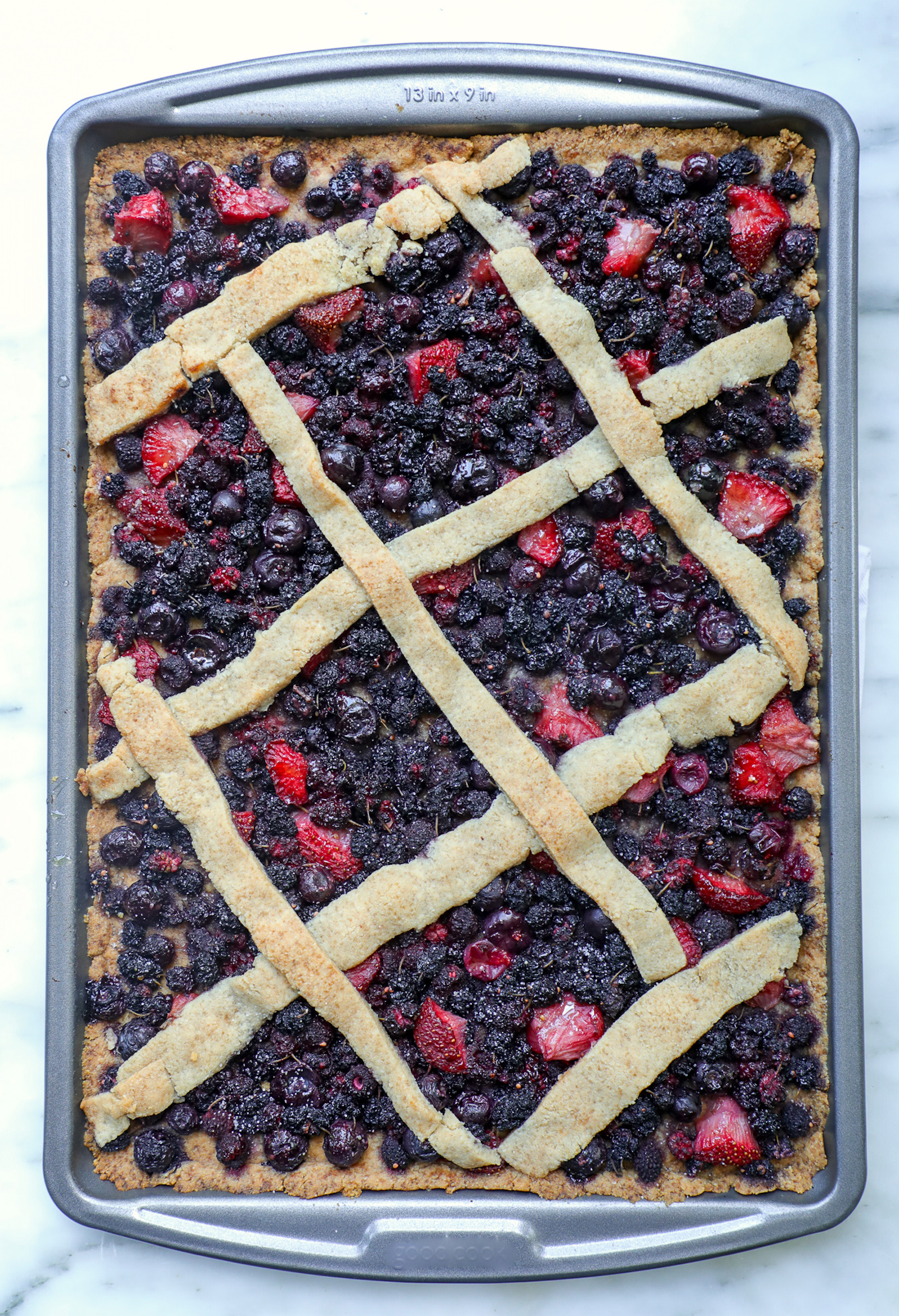 Keto Mixed Berry Slab Pie fully baked and ready to serve