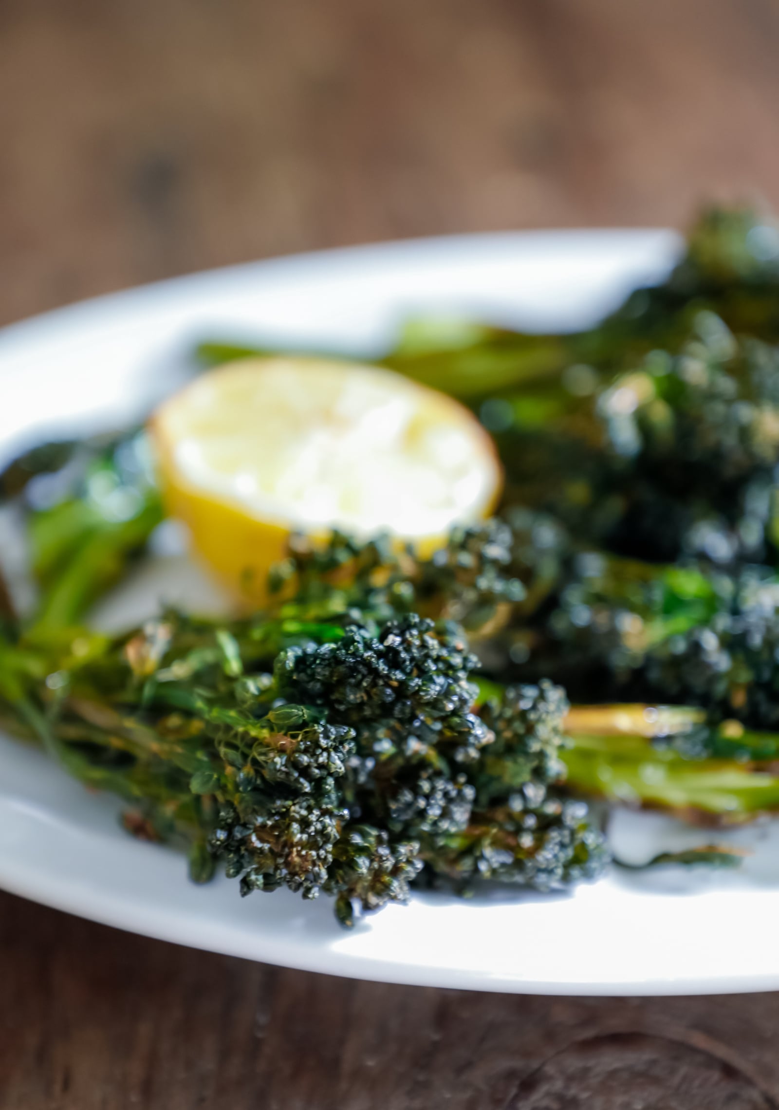 close up photo of broccolini texture after cooking in the air fryer