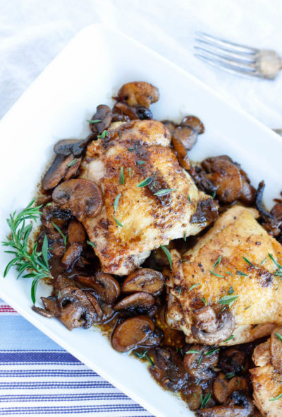Keto Chicken and Mushrooms on a white platter