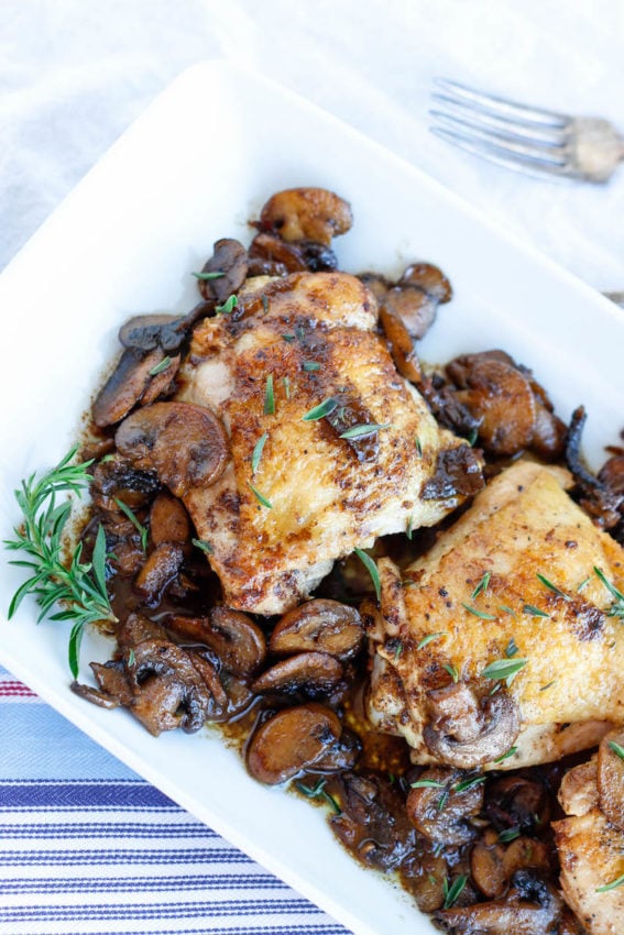 Keto Chicken and Mushrooms on a white platter