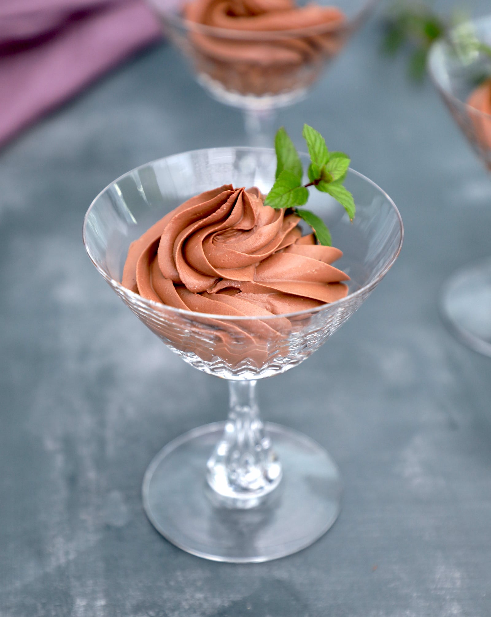 high protein chocolate mousse in a crystal wine glass.