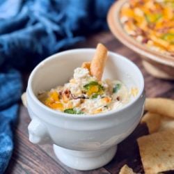 high protein jalapeno popper dip in a white bowl with a pita chip on top