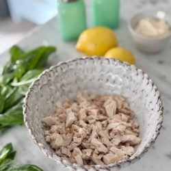 Ingredients for lemon basil chicken salad arranged on a marble countertop.