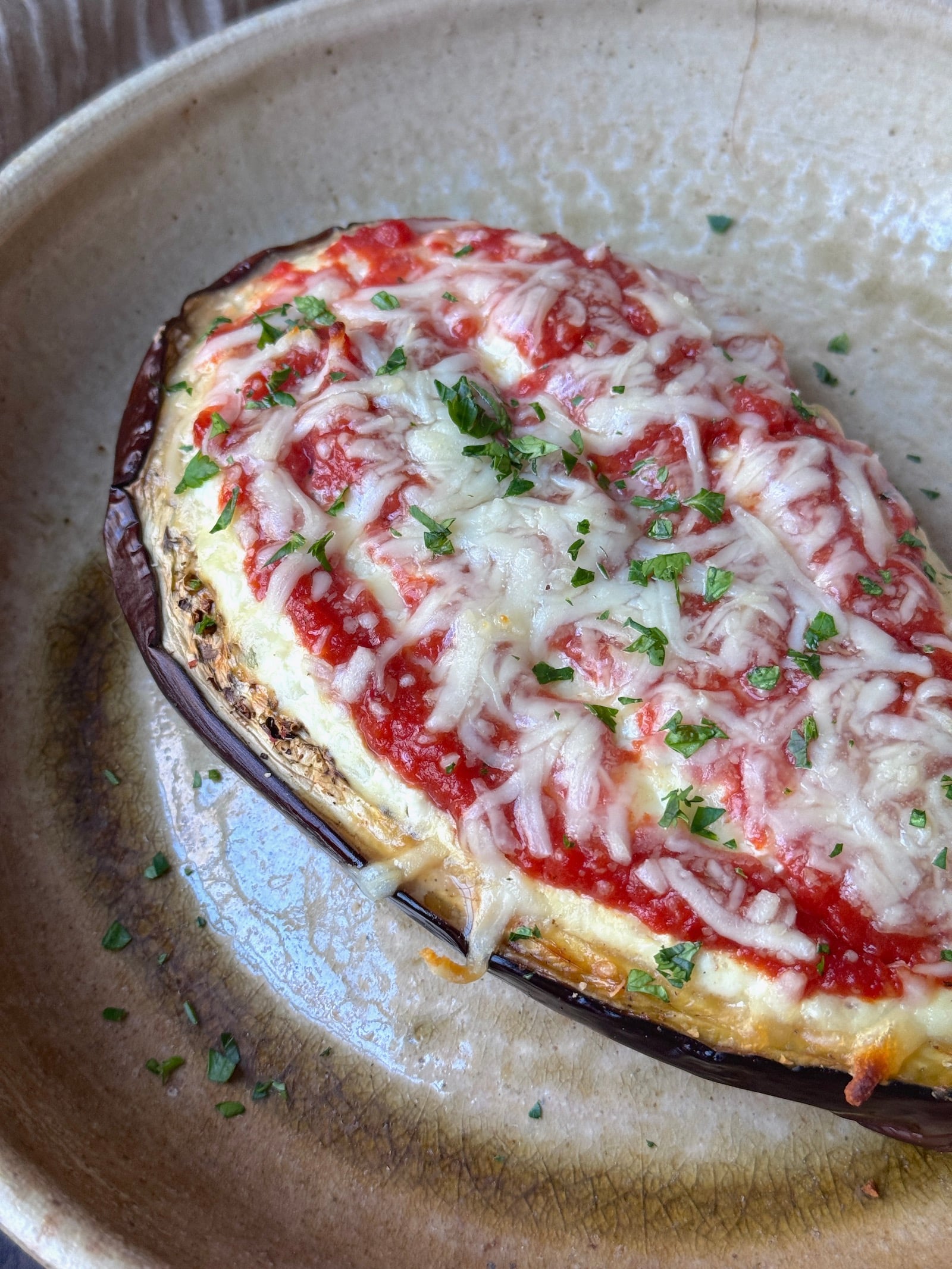 high protein stuffed eggplant with marinara and melted mozzarella