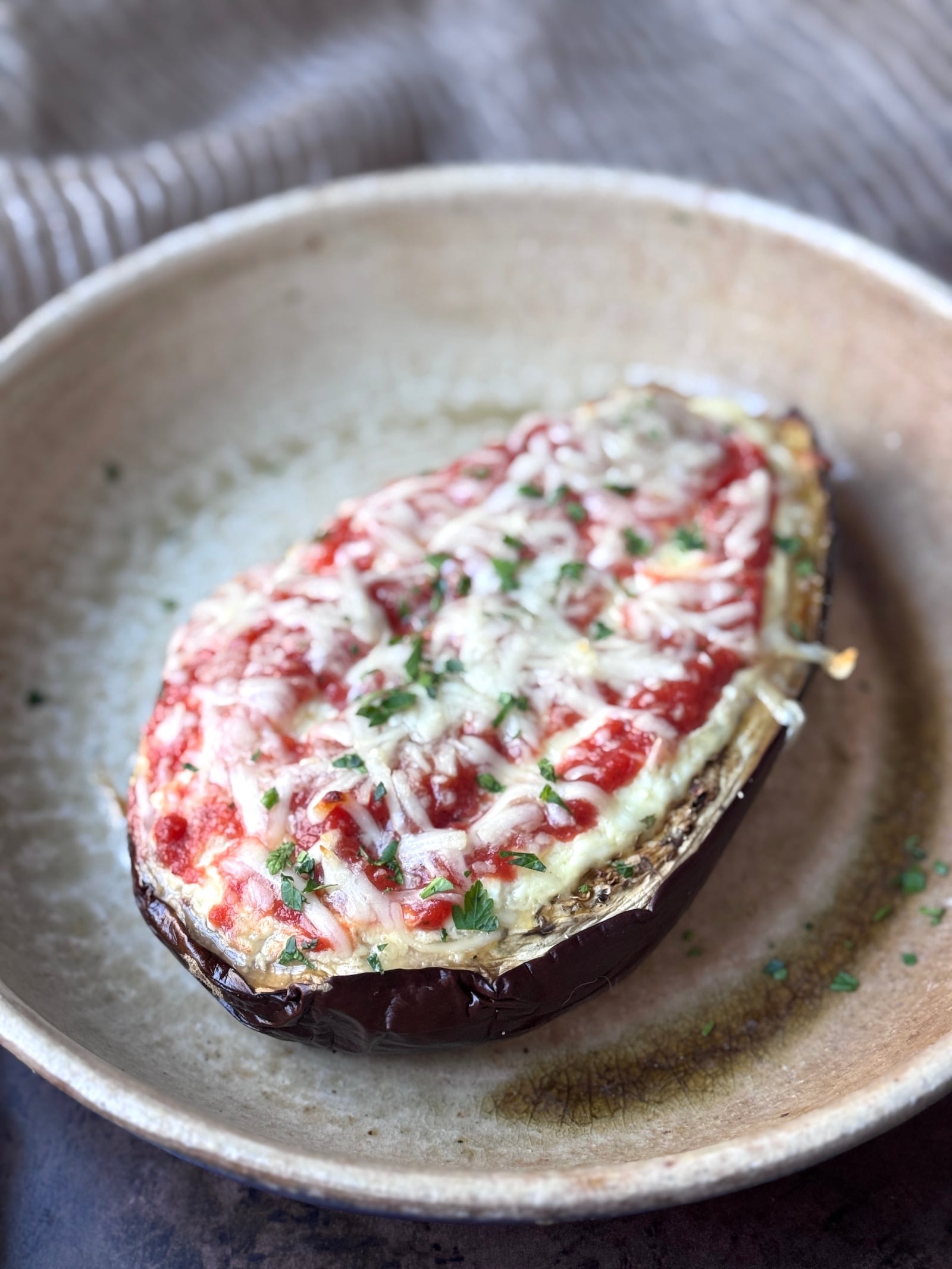 High protein stuffed eggplant with marinara and melted mozzarella cheese